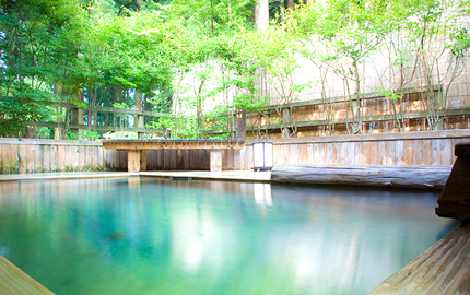 Baño al aire libre rodeado por el bosque Sinergia de los beneficios del baño en Onsen y la terapia del bosque!