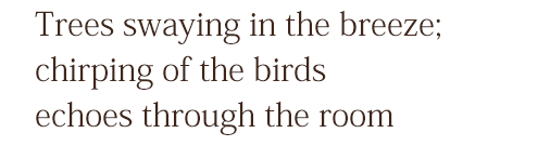 Trees swaying in the breeze; chirping of the birds echoes through the room