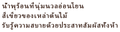 น้ำพุร้อนที่นุ่มนวลอ่อนโยน สีเขียวของเหล่าต้นไม้  รับรู้ความสบายด้วยประสาทสัมผัสทั้งห้า